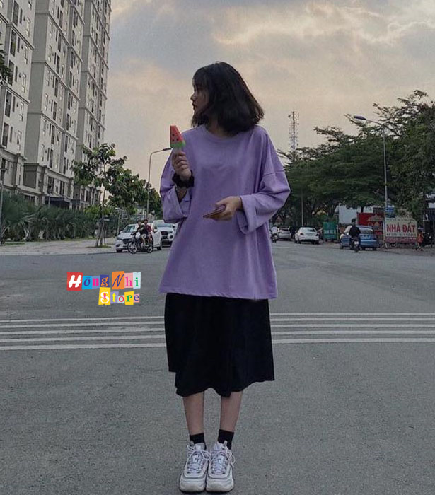 Áo Thun Tay Dài Trơn Dáng Rộng Màu Tím Long Tee Unisex - MM