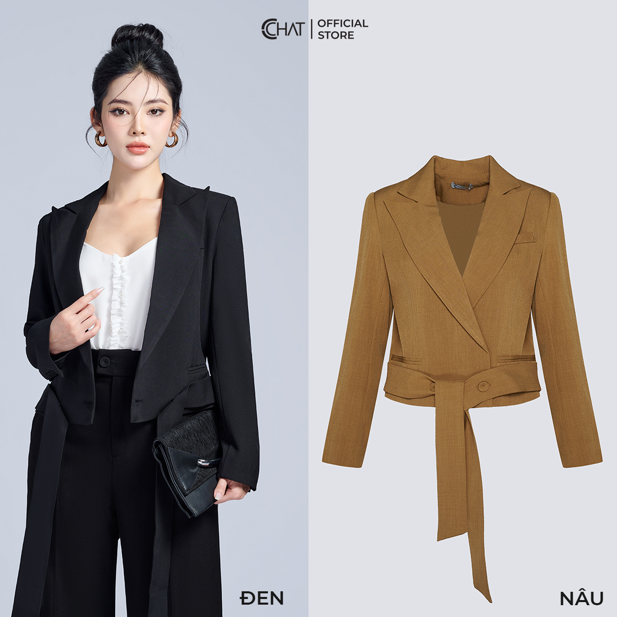 Áo Blazer Nữ Kiểu Ngắn Cạp Rời Cổ Ve Chất Tuytsi Cao Cấp Mềm Mịn 22EHS2015ST