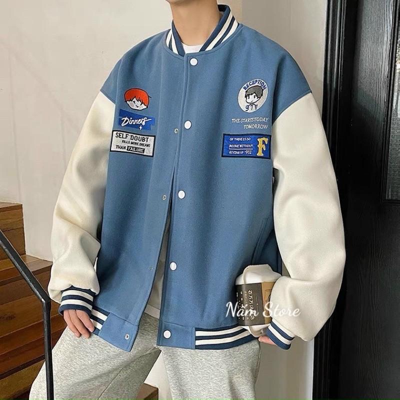 Áo khoác bomber in hình unisex form rộng style ulzzang - Áo khoác bóng chày màu đen, nâu, xanh Nấm Store