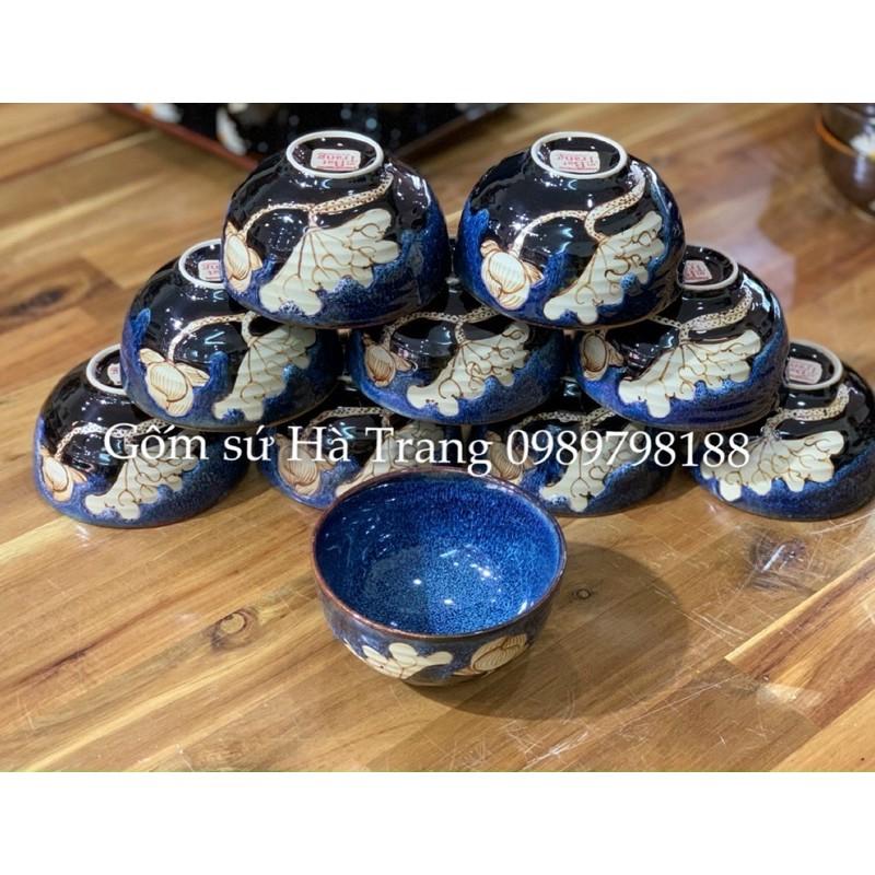 Set 10 bát cơm men hoả biến đá xanh khắc sen gốm sứ Bát Tràng cao cấp