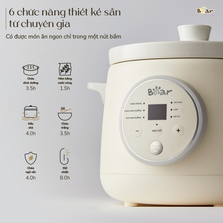 Nồi nấu chậm BEAR 2L Đa Năng Nấu Cháo Hầm Giữ Ấm Giữ Trọn Chất Dinh Dưỡng Bản Tiếng Việt SB-NNC20 - HÀNG CHÍNH HÃNG