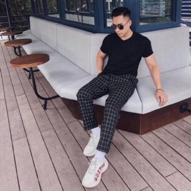 Quần thun Caro Nam Nữ Unisex màu ĐEN ống suông VIỀN TRẮNG