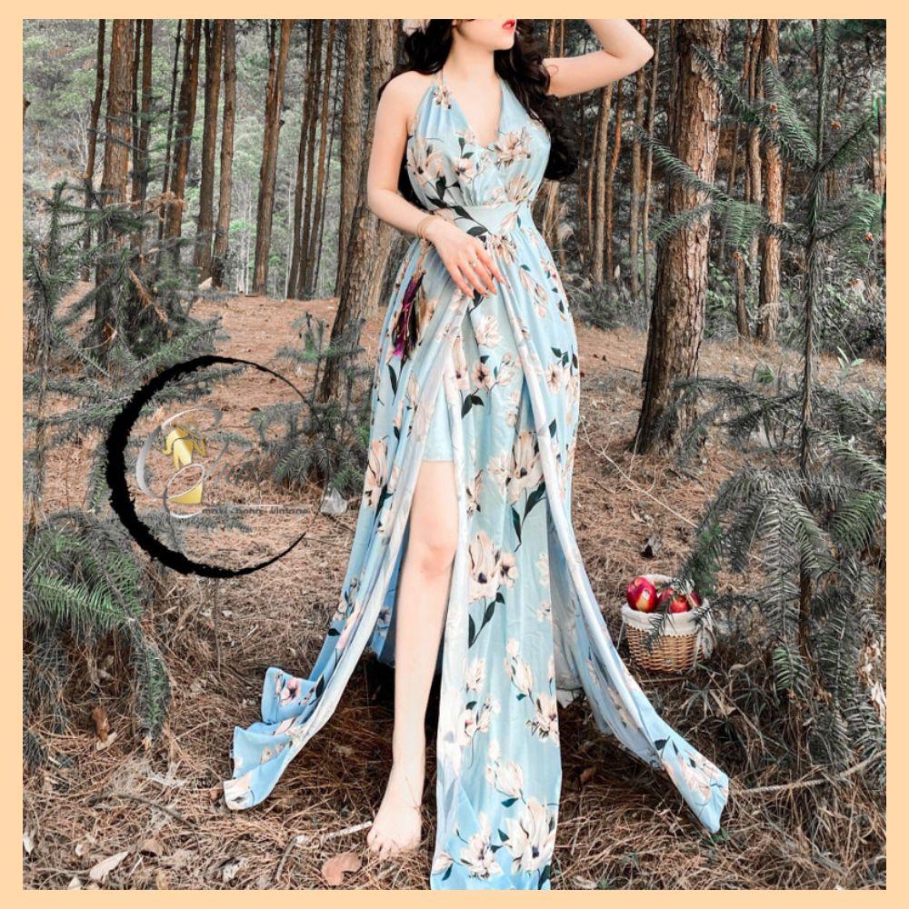 Đầm Maxi Hoa Xanh Xẻ Đùi, Dây Buộc Hở Lưng Đi Biển, Chụp Ngoại Cảnh