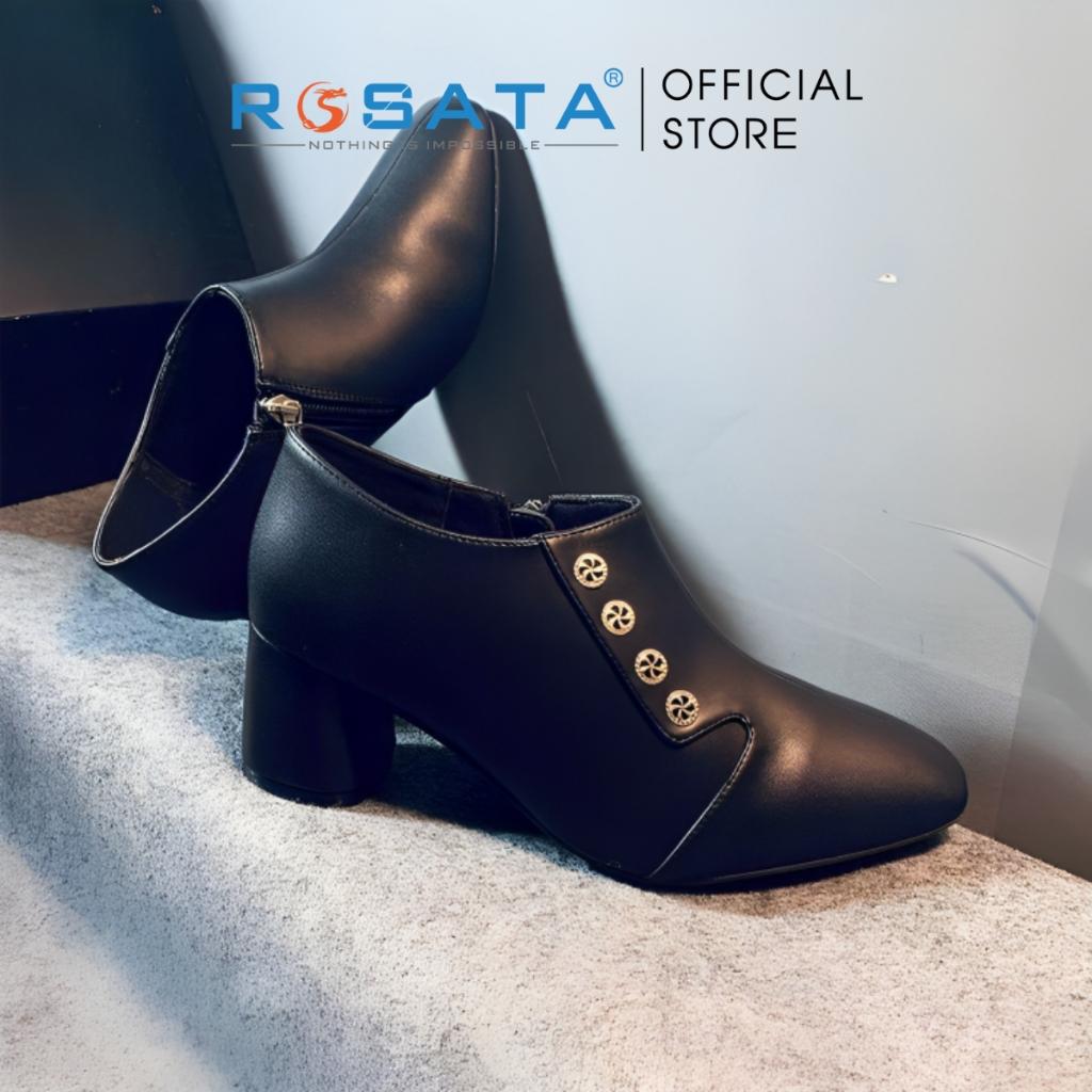 Giày bốt nữ ROSATA RO289 cổ thấp mũi tròn êm chân phối khuy khóa kéo gót cao 5cm xuất xứ Việt Nam - Đen