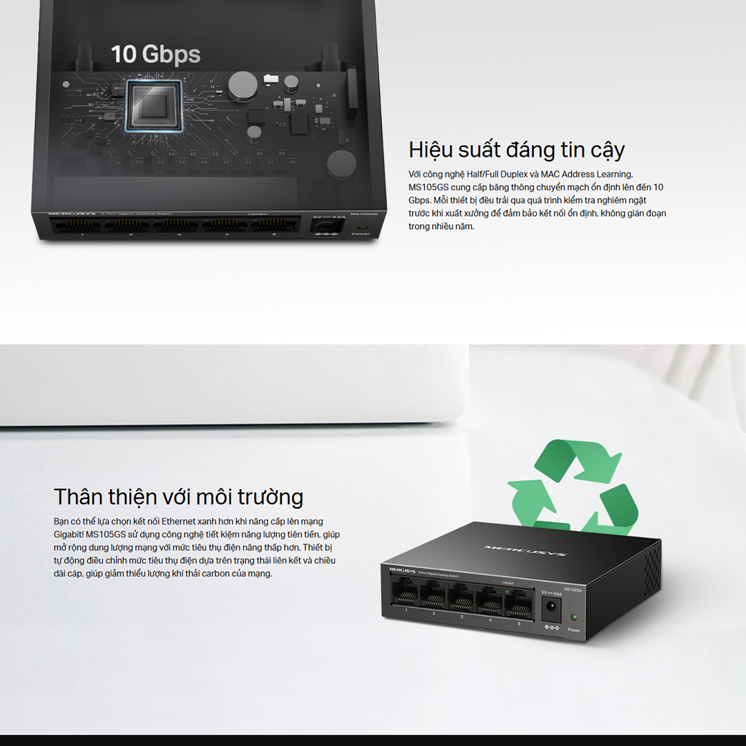 Bộ Switch Để Bàn Gigabit Mercusys MS105GS 5 cổng RJ45 10/100/1000 Mbps, Hỗ Trợ Auto-MDI/MDIX - Hàng Chính Hãng