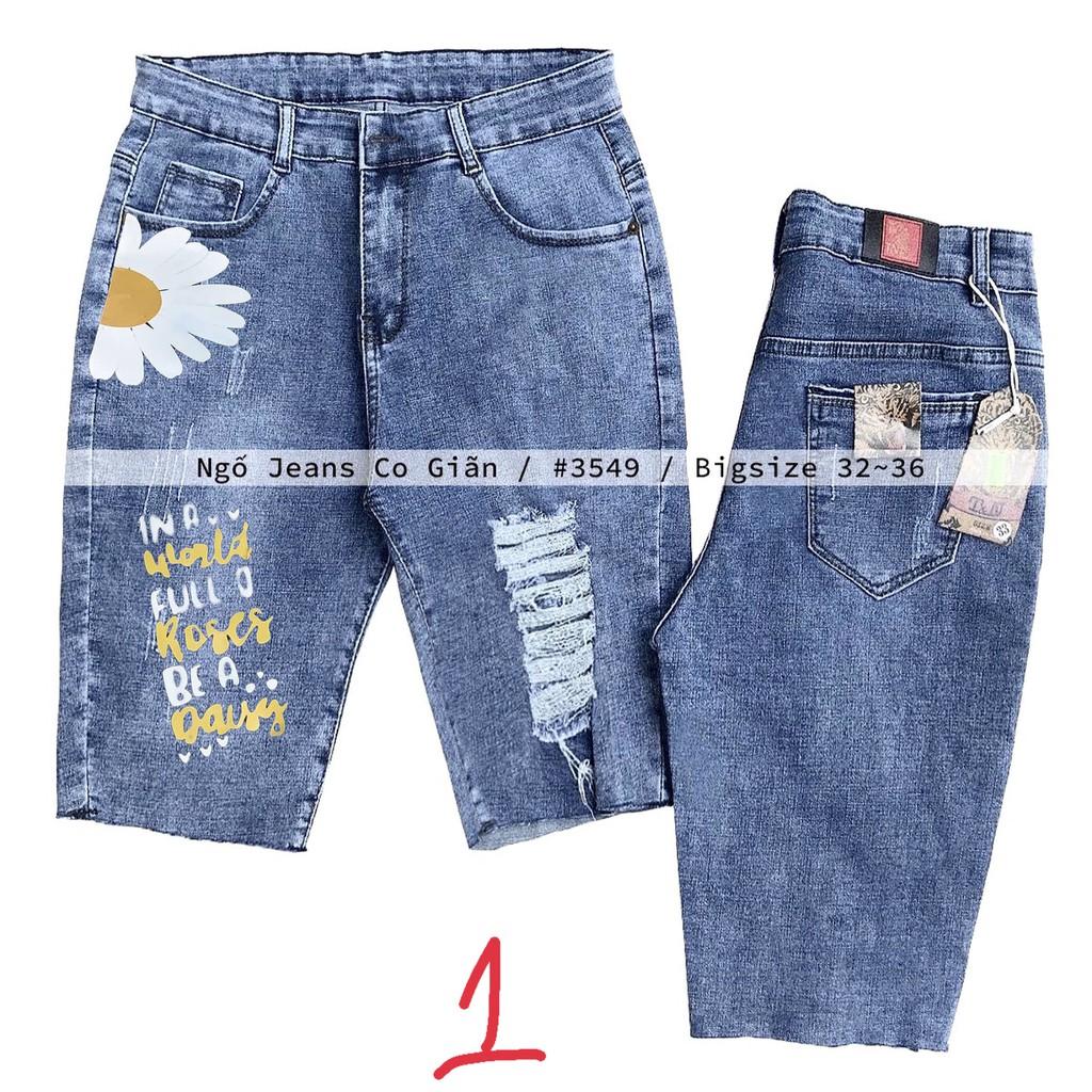 Quần jean ngố / lửng BIGSIZE lưng cao, co dãn mạnh rách kiểu in hình hoa cúc dễ thương