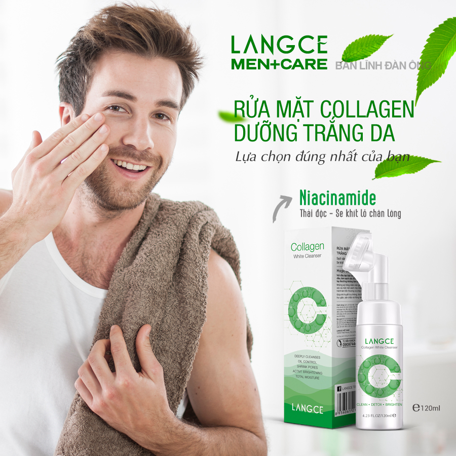 Cọ Massage Rửa Mặt Sáng Da Collagen+ Thải Độc Tố Kiềm Dầu 120ml cho Nam TẶNG Gel Vệ Sinh Vùng Kín Nam 100ml LANGCE