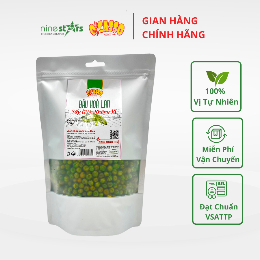 Đậu Hà Lan Sấy Giòn Không Vị O'Casso. Ăn liền hoặc lắc vị ưa thích Gói 500g