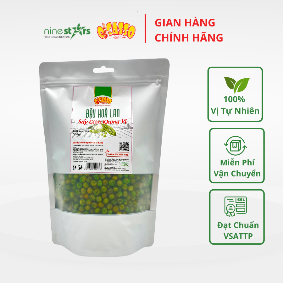 Đậu Hà Lan Sấy Giòn Không Vị O'Casso. Ăn liền hoặc lắc vị ưa thích  Gói 500g