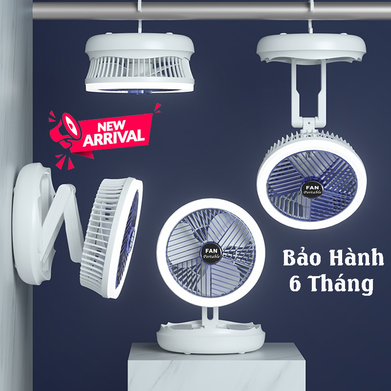 Quạt tích điện mini đa năng có thể gấp gọn xoay 300 độ tích hợp đèn học điều chỉnh ánh sáng