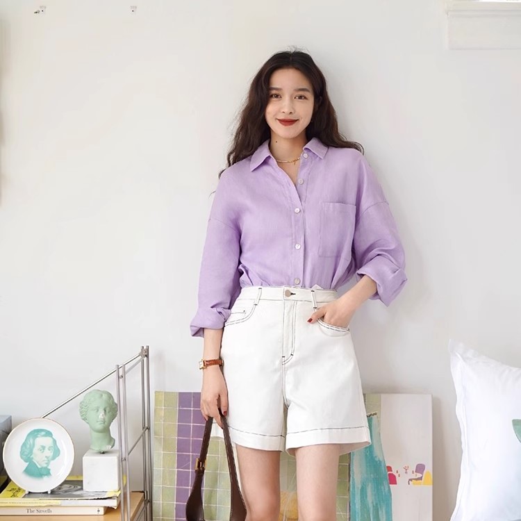 Hình ảnh Áo sơ mi nữ form rộng tay dài vải linen bột premium dáng basic đa dụng, màu tím trẻ trung Đũi Việt