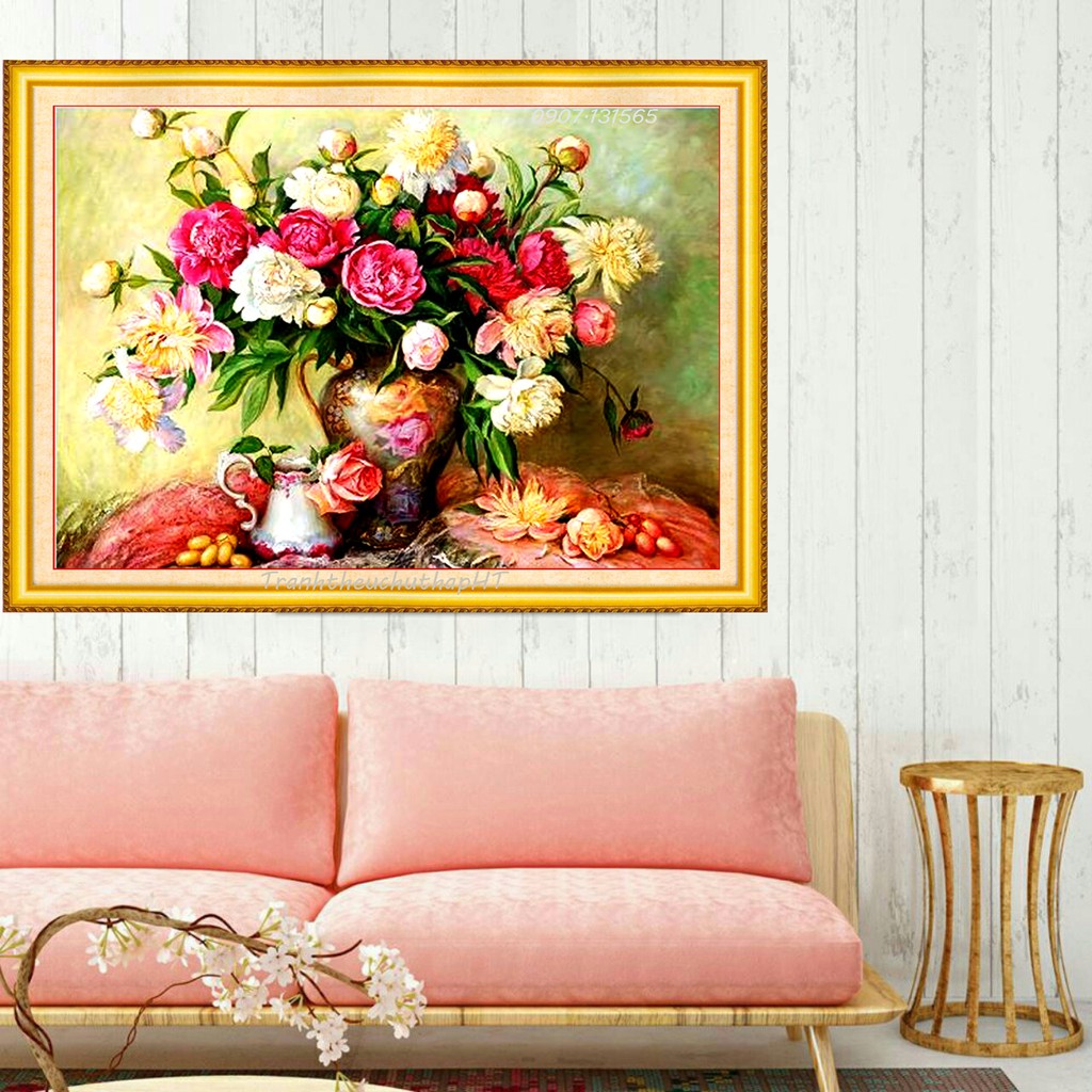 Tranh đính đá bình hoa cổ VS338 - 75 x 55 cm - chưa đính