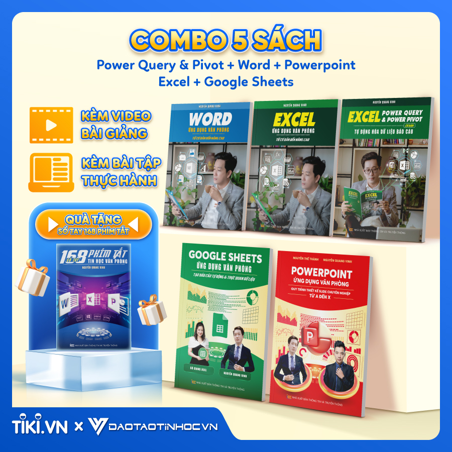 Combo 5 Sách Word - Excel - Power Point - Google Sheet - Power Query ĐÀO TẠO TIN HỌC Ứng Dụng Văn Phòng Kèm Video Hướng Dẫn