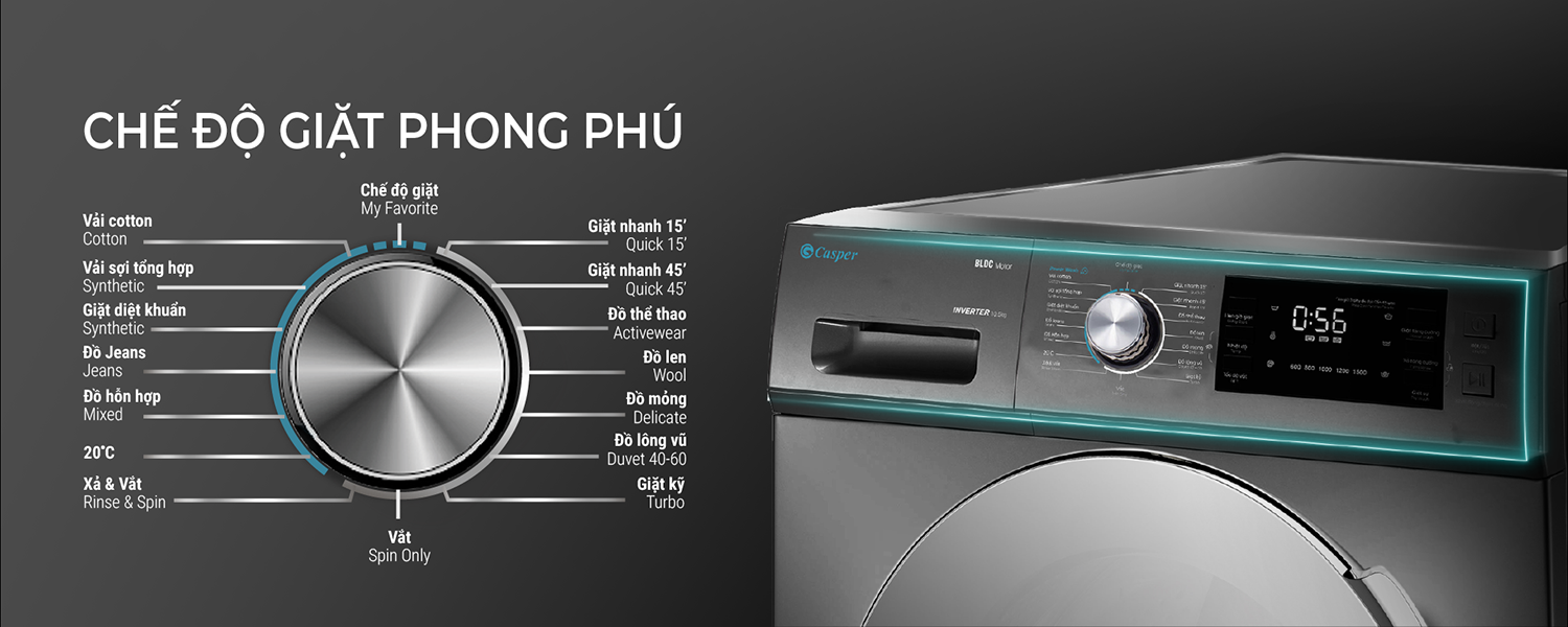 Máy Giặt Casper Nhập Khẩu nguyên chiếc từ Thái Lan cửa trước 12,5kg- WF125I140BGB