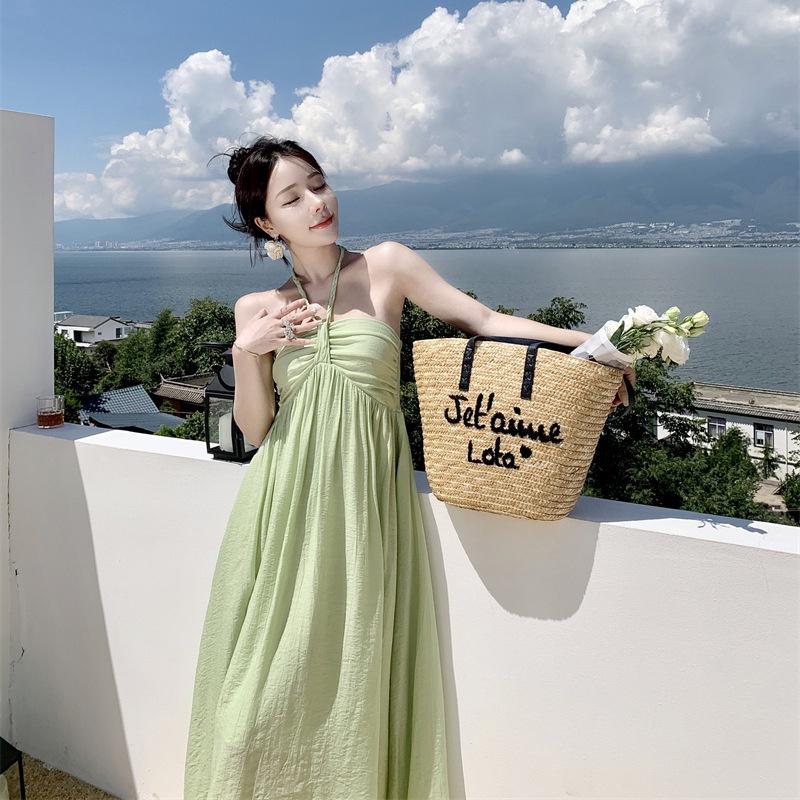Váy đi biển cổ yếm maxi dáng dài hở lưng sang chảnh phong cách kiểu hàn quốc đi chơi đi tiệc