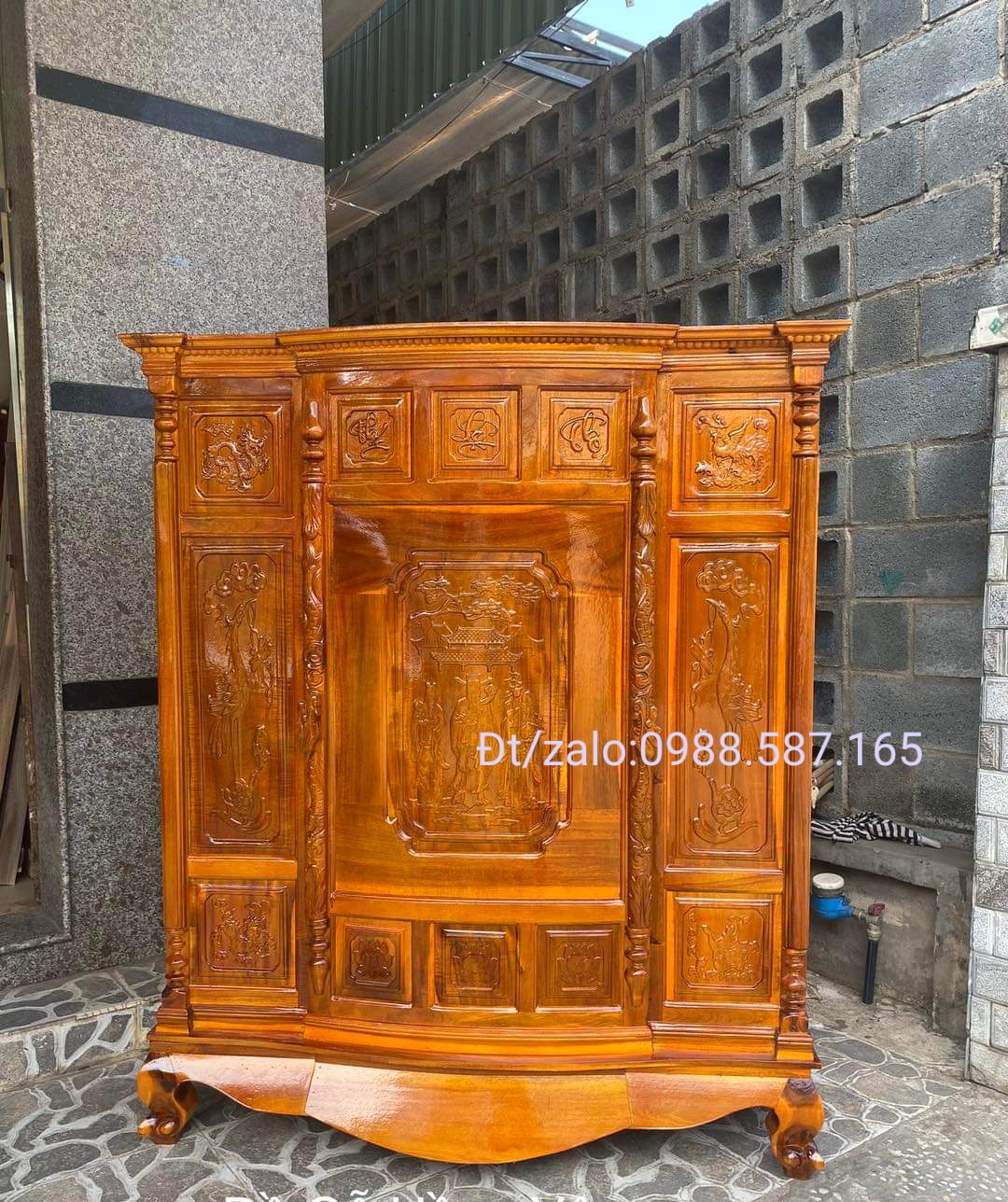 Tủ thờ bụng phệ gỗ tràm,tủ thờ gia tiên khảm trai ngang 1m07