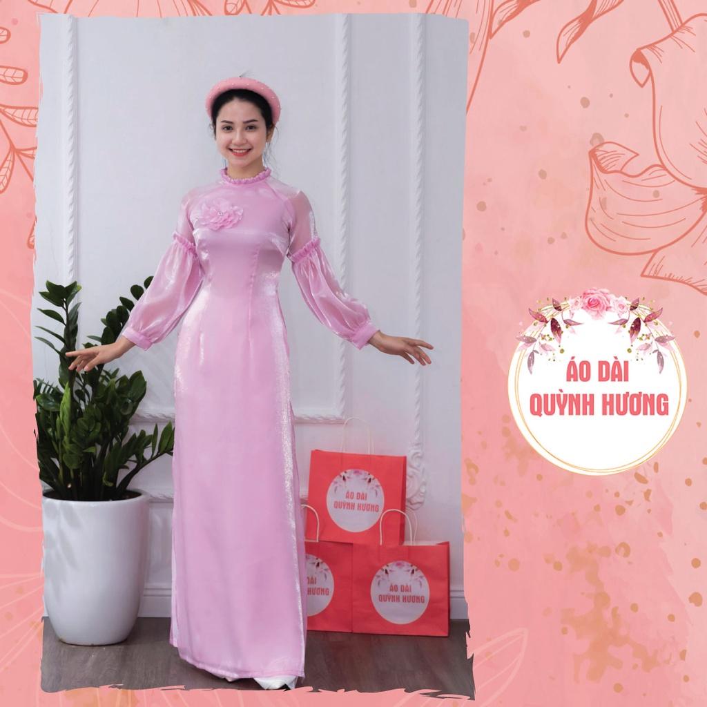 Áo dài voan hồng cánh sen tay bồng cách điệu