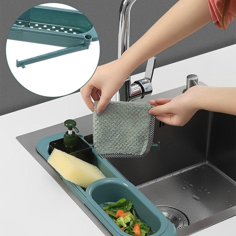 Telescopic Sink Shelf Kitchen Sinks Organizer Soap Sponge Holder Sink Drain Rack Storage Basket Towel Hook Kitchen Gadgets