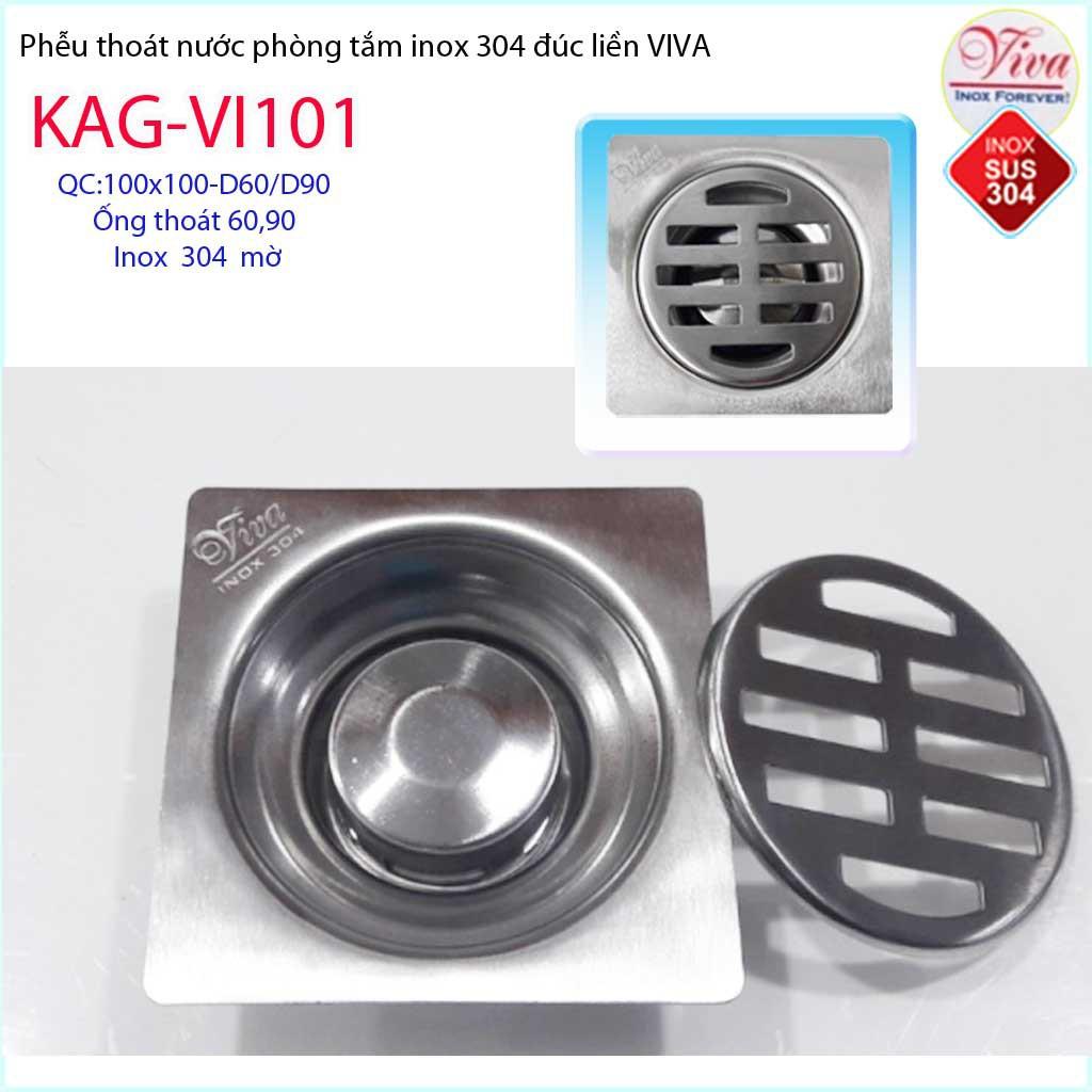 Phễu thoát sàn Viva 10x10 cm KAG-VI101 ống thoát 60mm chống mùi hôi inox 304, thoát sàn inox đúc dày thoát nước nhanh ch