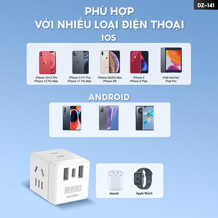 Phích Cắm Vuông Siêu Chịu Tải 1 Chia 3 Công Suất 2500w Kèm Theo Cổng Đầu Ra Usb Tiện Lợi DZ-141
