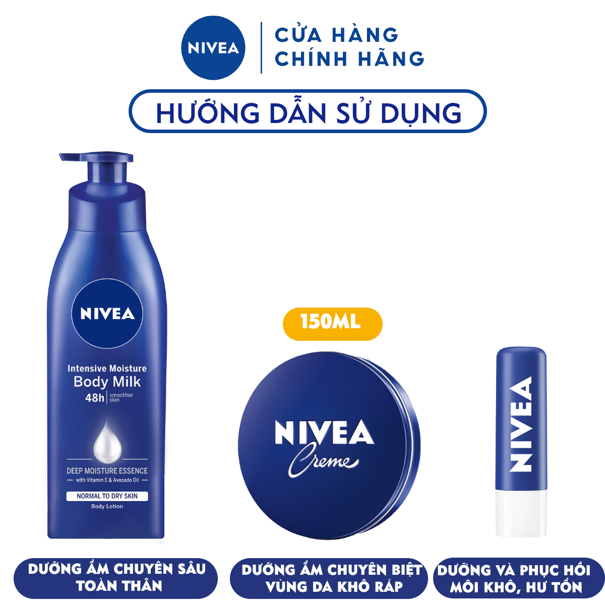 Bộ Sản Phẩm Dưỡng Ẩm Chuyên Sâu và Phục Hồi Da Khô NIVEA Signature (Sữa Dưỡng Thể 400ml - 80204 &amp; Kem Dưỡng Ẩm Dịu Nhẹ mọi loại da 150ml - 80104 &amp; Son Dưỡng Môi Original Care 4.8g - 85061)