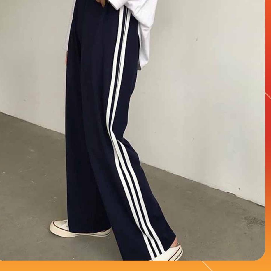 Quần thể thao 2 sọc / 3 sọc nữ ống suông rộng baggy Umi cao cấp - Quần jogger nữ 3 sọc đen dây rút học sinh