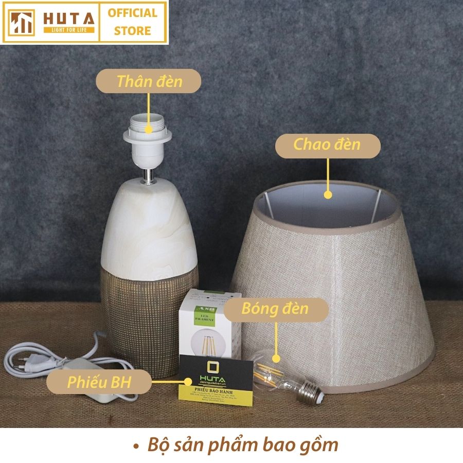 Đèn Ngủ Để Bàn HUTA S5 Gốm Sứ Cao Cấp Sang Trọng Decor Trang Trí Phòng Ngủ Phòng Khách, Khách Sạn, Điều Chỉnh Độ Sáng, Đèn Vàng Bóng LED Tiết Kiệm Điện