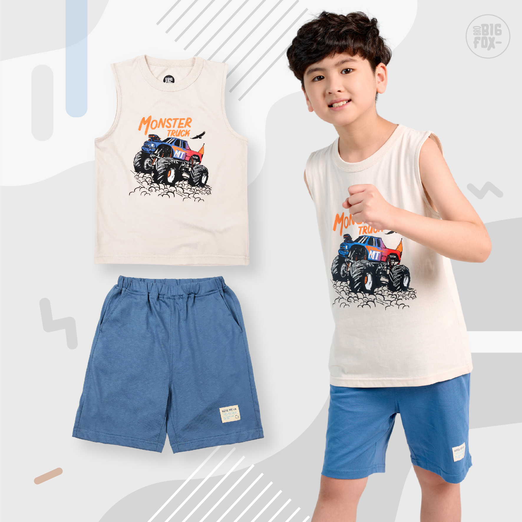 Bộ Ba Lỗ Bé Trai Bigfox, Bộ Quần Áo Trẻ Em Mùa Hè Chất Cotton Mát In Hình Monster Truck