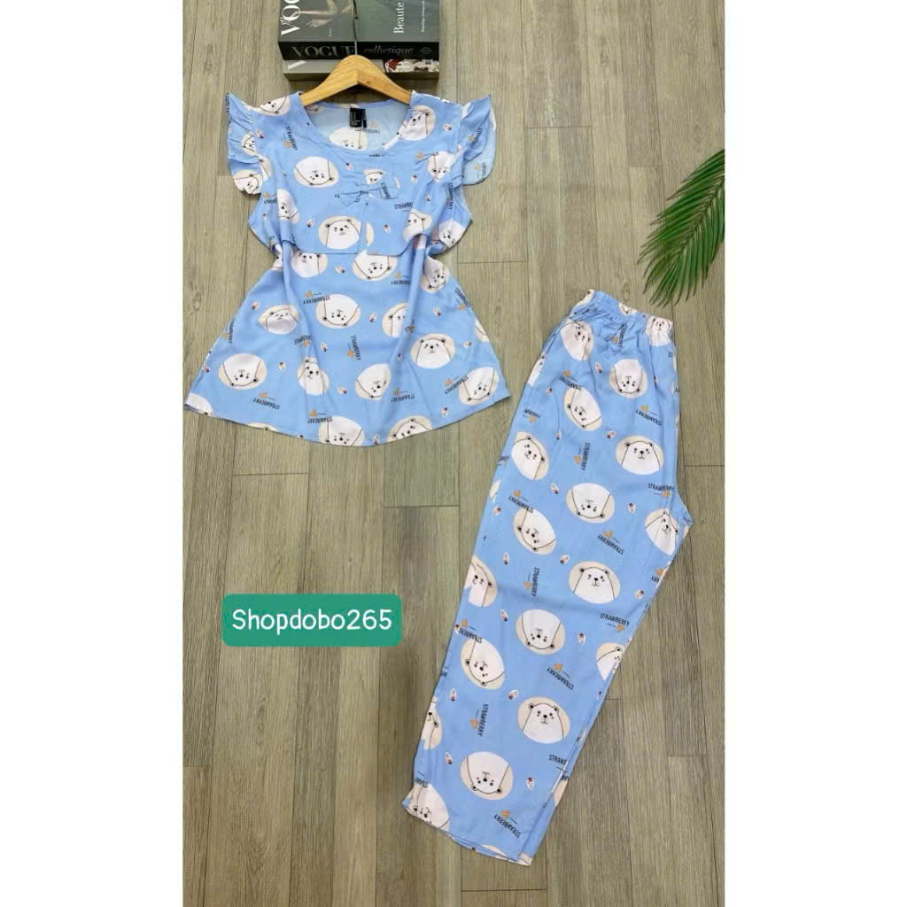 Đồ bộ nữ,đồ ngủ mặc nhà lửng 9 tấc áo 2 lớp tay cánh tiên vải lanh BL 42 họa tiết dễ thương size 51-65kg