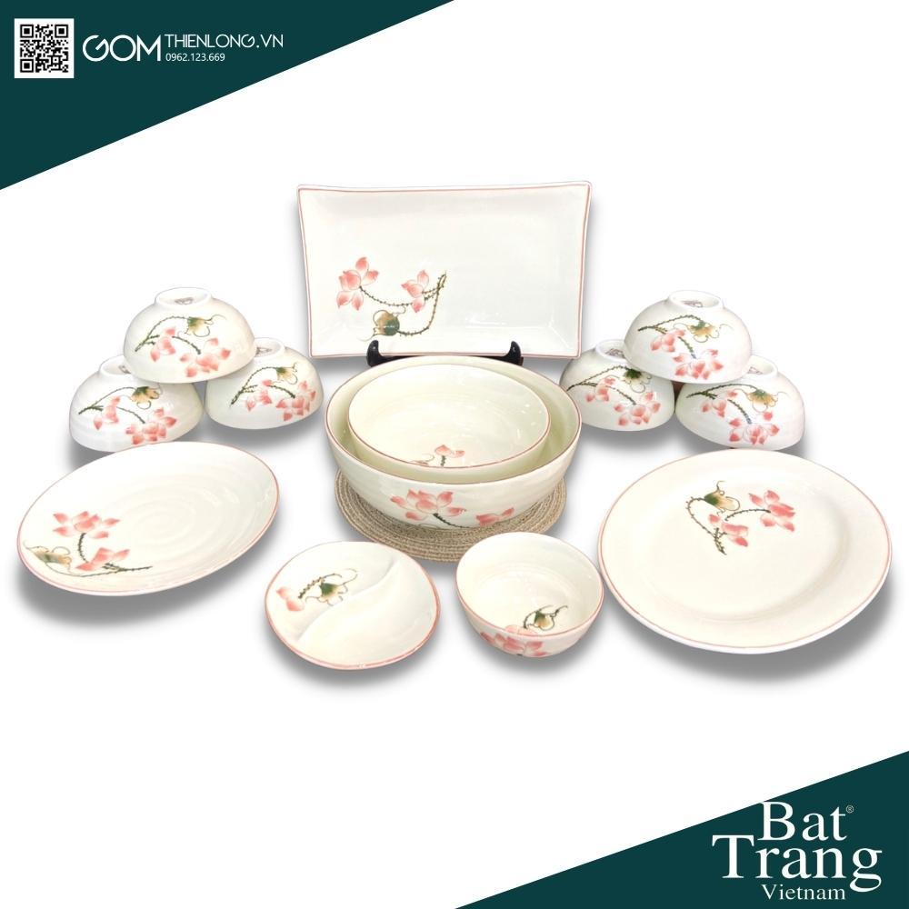 Bộ Bát Đĩa Cao Cấp Sen Hồng - Hàng Đẹp Loại 1 - Bát Đĩa Sứ Bát Tràng - Gốm Thiên Long