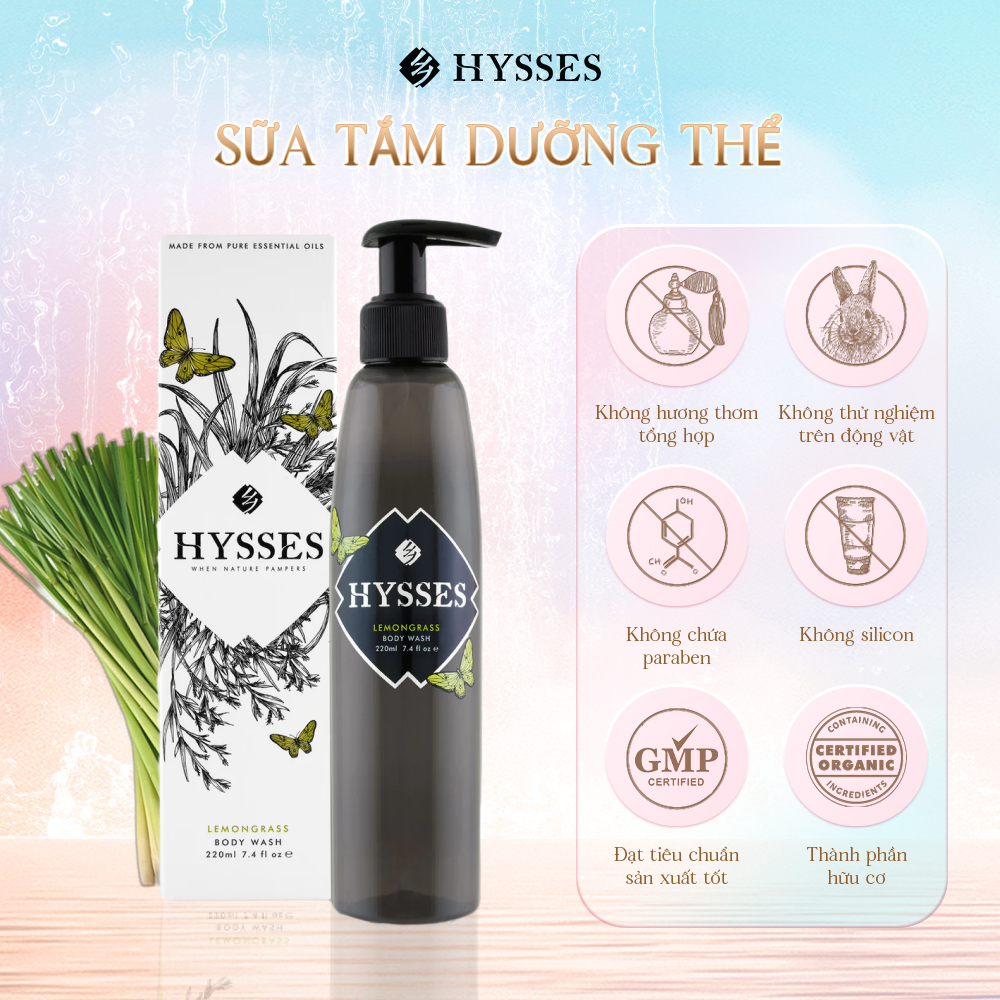 Sữa Tắm Tinh Dầu Hữu Cơ Cao Cấp Hysses Hỗ Trợ Thanh Lọc & Nâng Tông, Giúp Làn Da Săn Chắc & Sáng Bóng, Mang Lại Cảm Giác Như ở Spa Với Sả Chanh Hữu Cơ Tự Nhiên