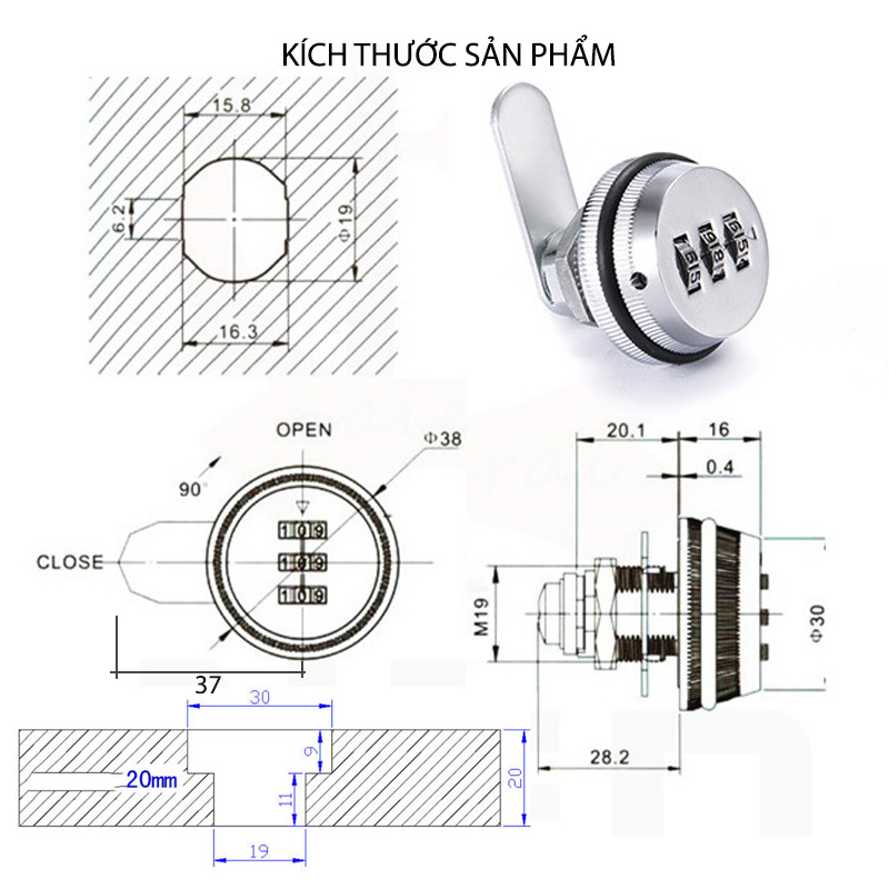 Khóa số KS9503 cho ngăn kéo bàn loại dài 20mm, tủ với 3 mã có thể thay đổi được, bằng hợp kim