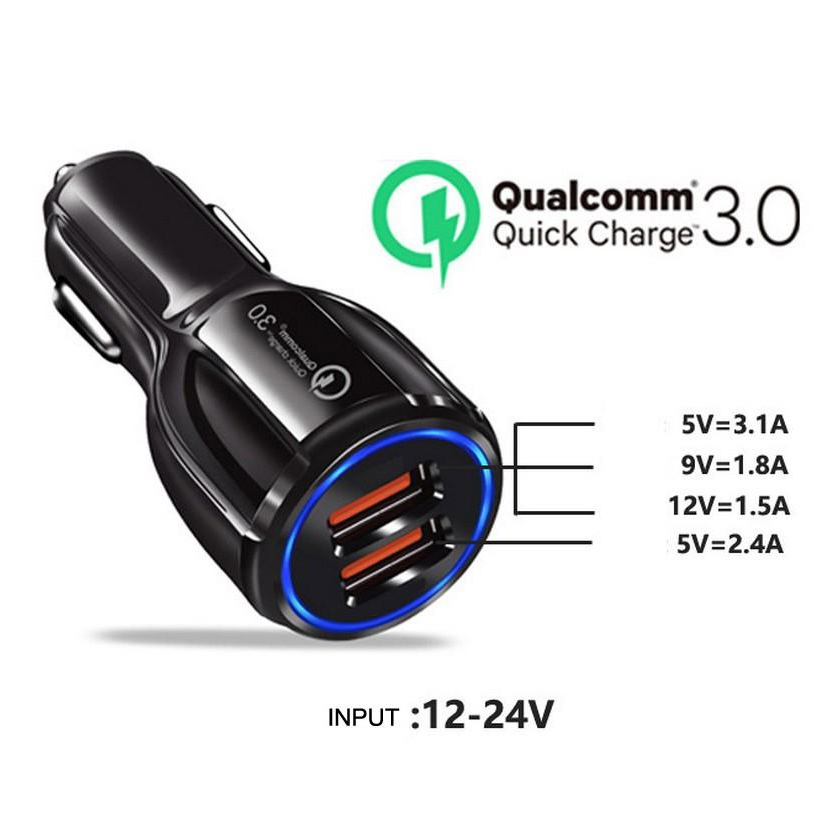 BKS-2U Tẩu Sạc Nhanh Ô Tô 12V Xe Tải 24V 2 cổng USB 3.1A/15W Cốc Sạc Nhanh QC3.0 Quick Chagre 3.0