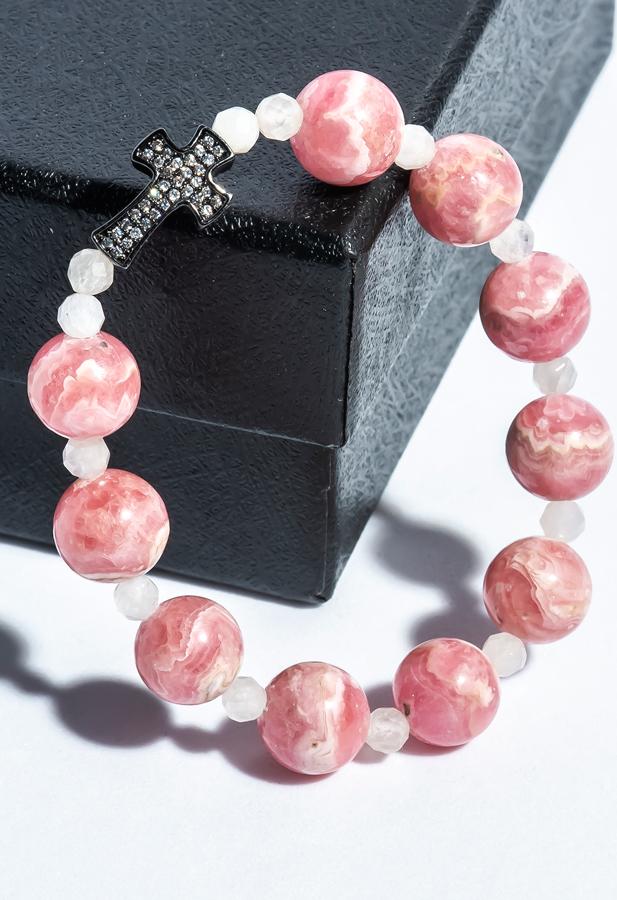 Vòng chuỗi mân côi đá đào hoa 10mm mix xà cừ trắng RHO02 - Vietgemstones