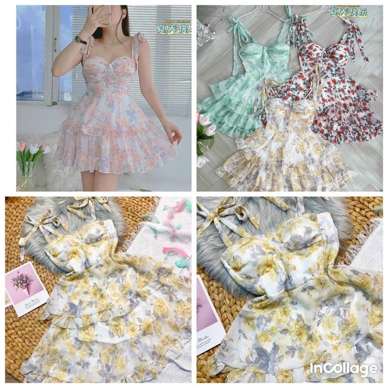 Đầm hoa 2 dây cột vai cúp ngực phối bèo 2 tầng chất voan siêu đẹp-hình thật.