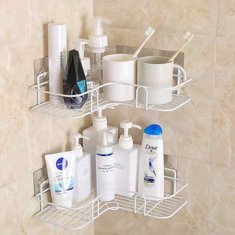 Giá góc, kệ góc treo tường bằng miếng dính cho nhà bếp, phòng tắm thêm gọn gàng, để được nhiều đồ hơn