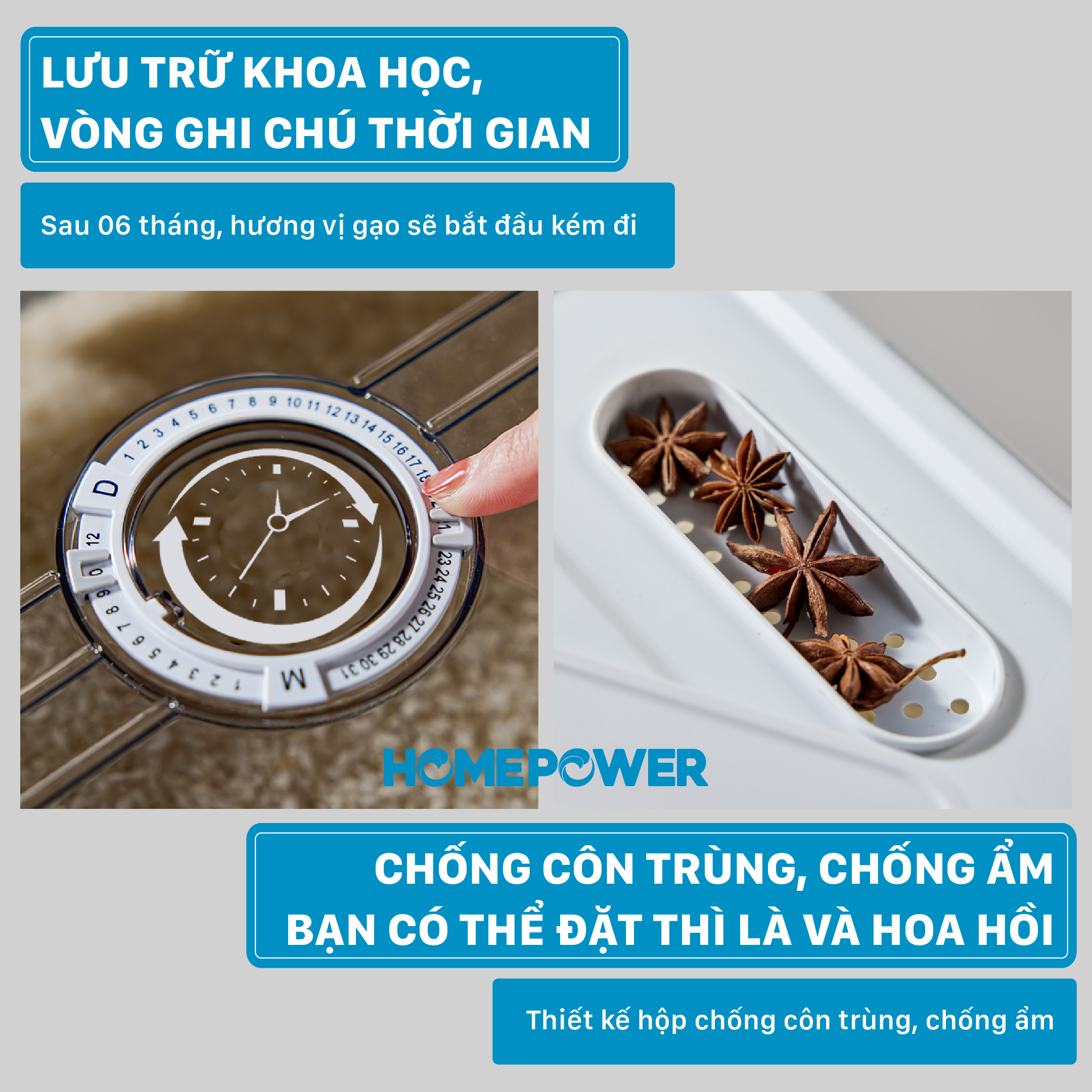 Thùng đựng gạo thông minh HOMEPOWER - Nắp lật từ tính, Vòng ghi chú thời gian, Chống côn trùng, ẩm mốc