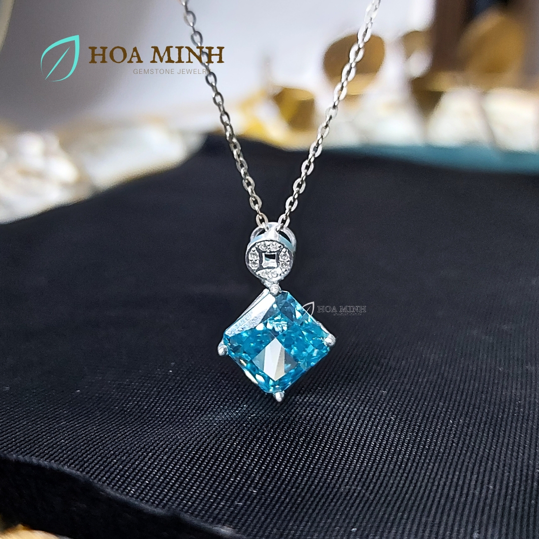 Mặt dây chuyền xoàn Nam Phi xanh biển aqua vuông size 10 li khoen kim tiền bạc nguyên chất