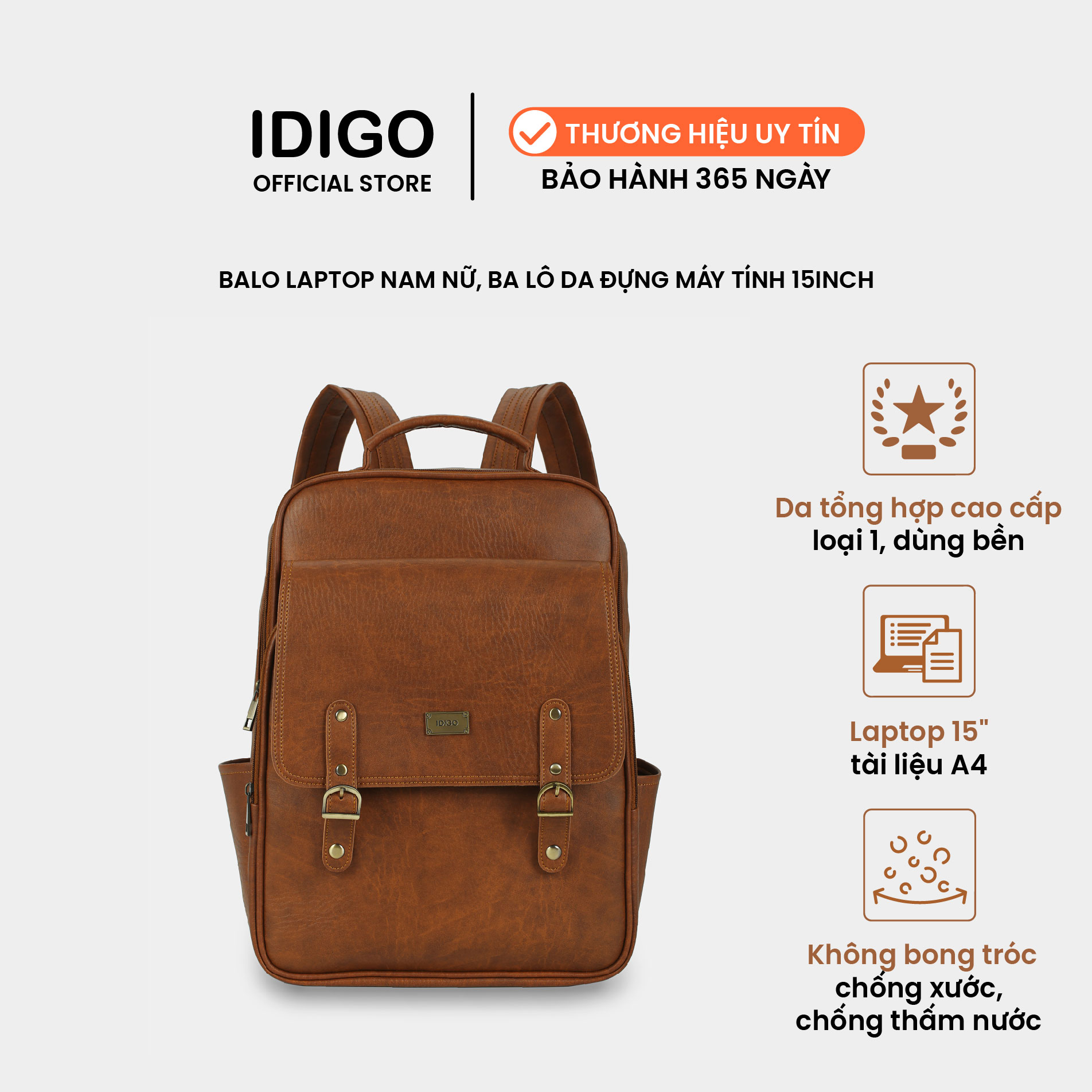Balo laptop công sở 15”, ba lô du lịch đựng máy tính 15inch ngăn trước nắp gập IDIGO UBP2-5050