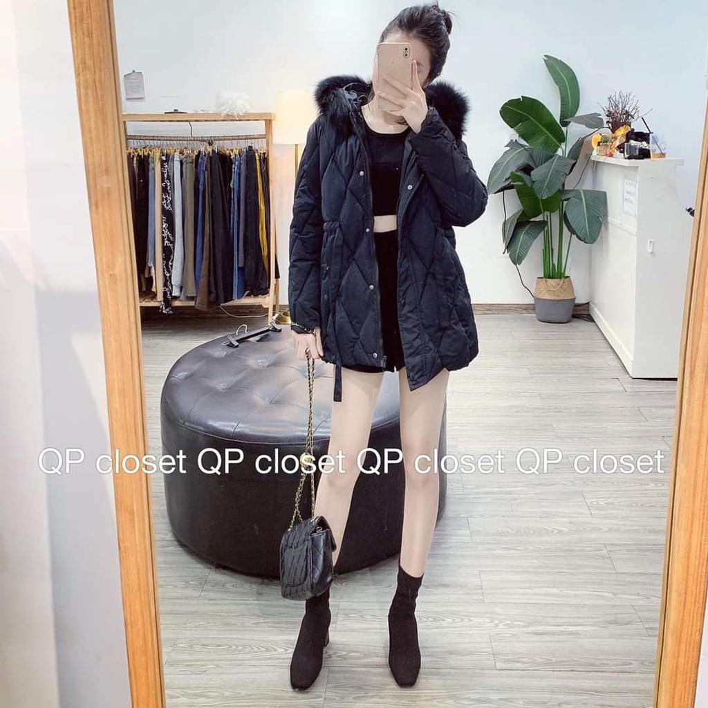 Áo khoác phao trám nữ mũ lông rút eo