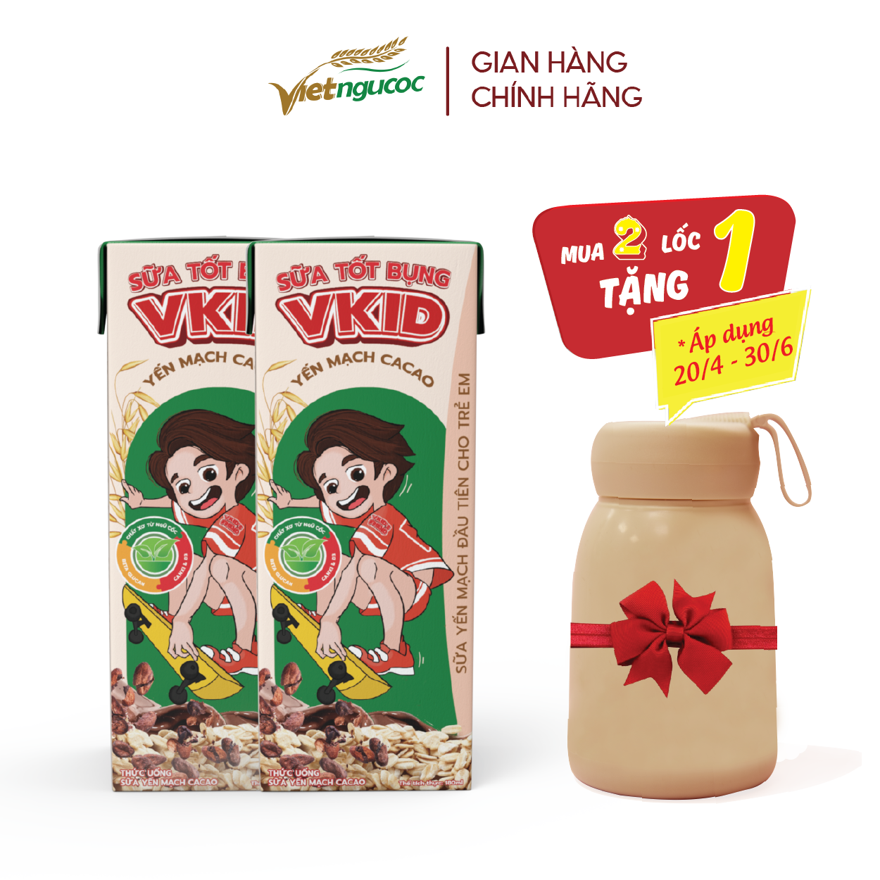 (Tặng 6 bình VKID) Thùng 48 hộp Sữa Yến Mạch Vkid VIỆT NGŨ CỐC Cho Bé Thơm Ngon Hương Vị Cacao 180ml/Hộp