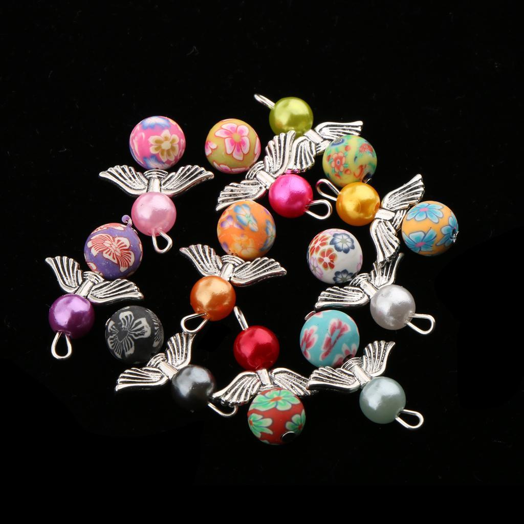 20 Pieces Colored Pearl Charms Angel Wings Polymer Clay Round Bead Metal Charms For DIY Pendant Necklace Bracelet Jewelry Making Crafts