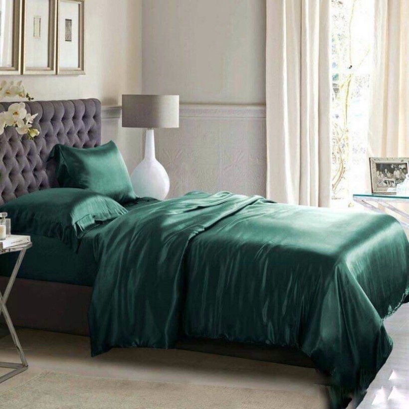 Bộ Vỏ Chăn Ga Gối Phi Lụa 5 Món Cao Cấp Mềm Mịn Không Xuống Màu Không Xù Lông, Màu Xanh Kích Thước 1m6 và 1m8