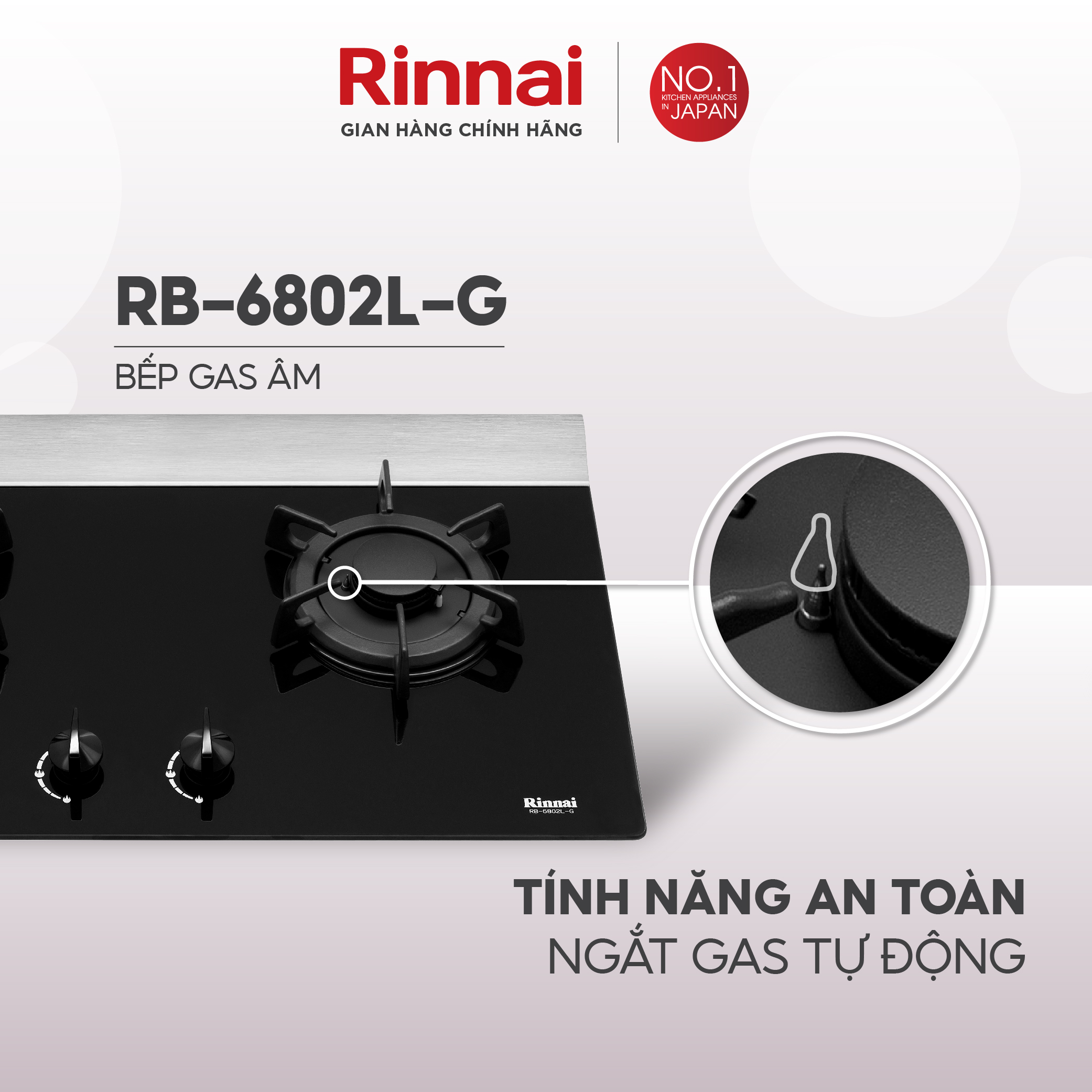 Bếp gas âm Rinnai RB-6802L-G mặt bếp kính và kiềng bếp gang - Hàng chính hãng.