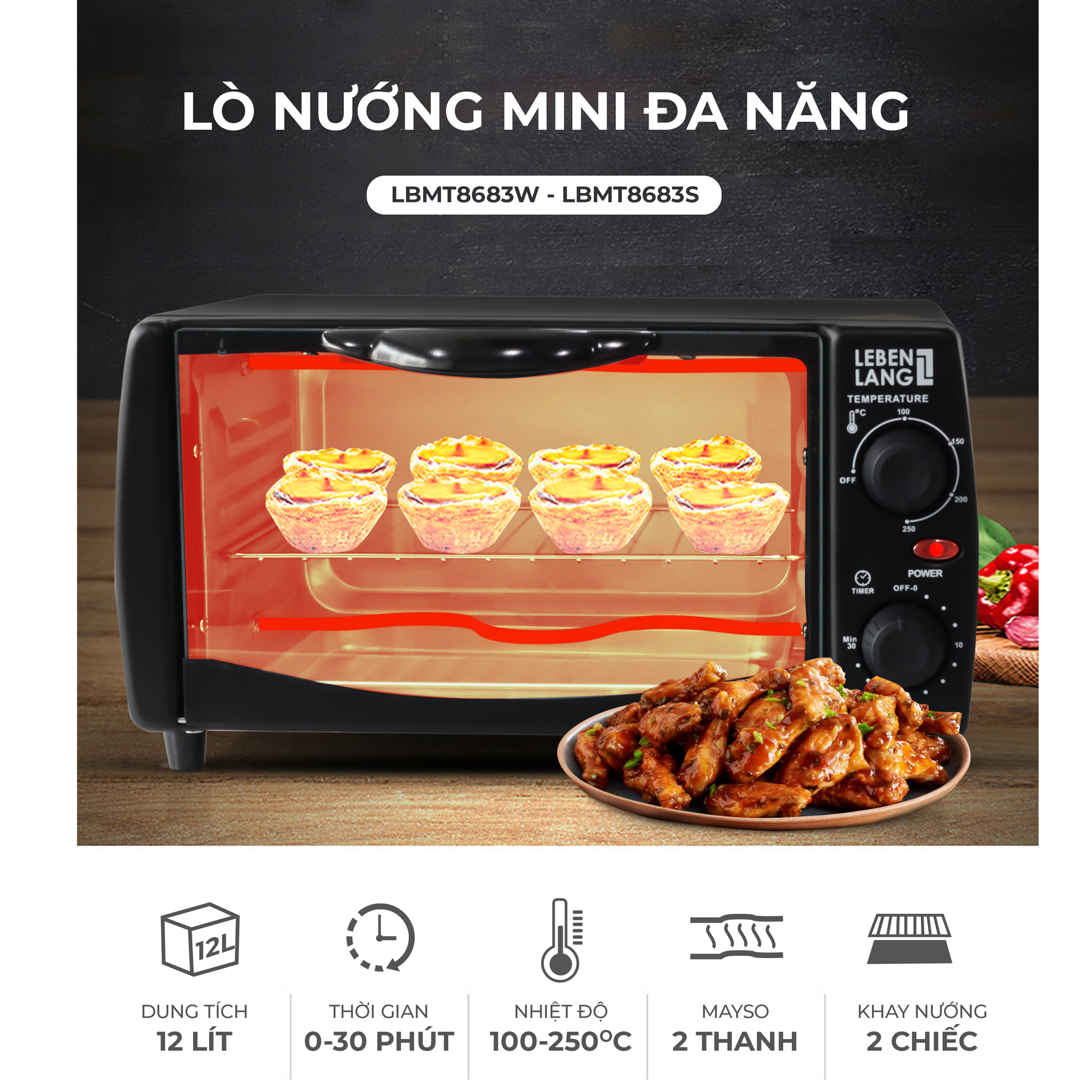 Lò nướng mini đa năng LEBENLANG, công suất 800W, dung tích 12l, LBMT8683S - hàng chính hãng