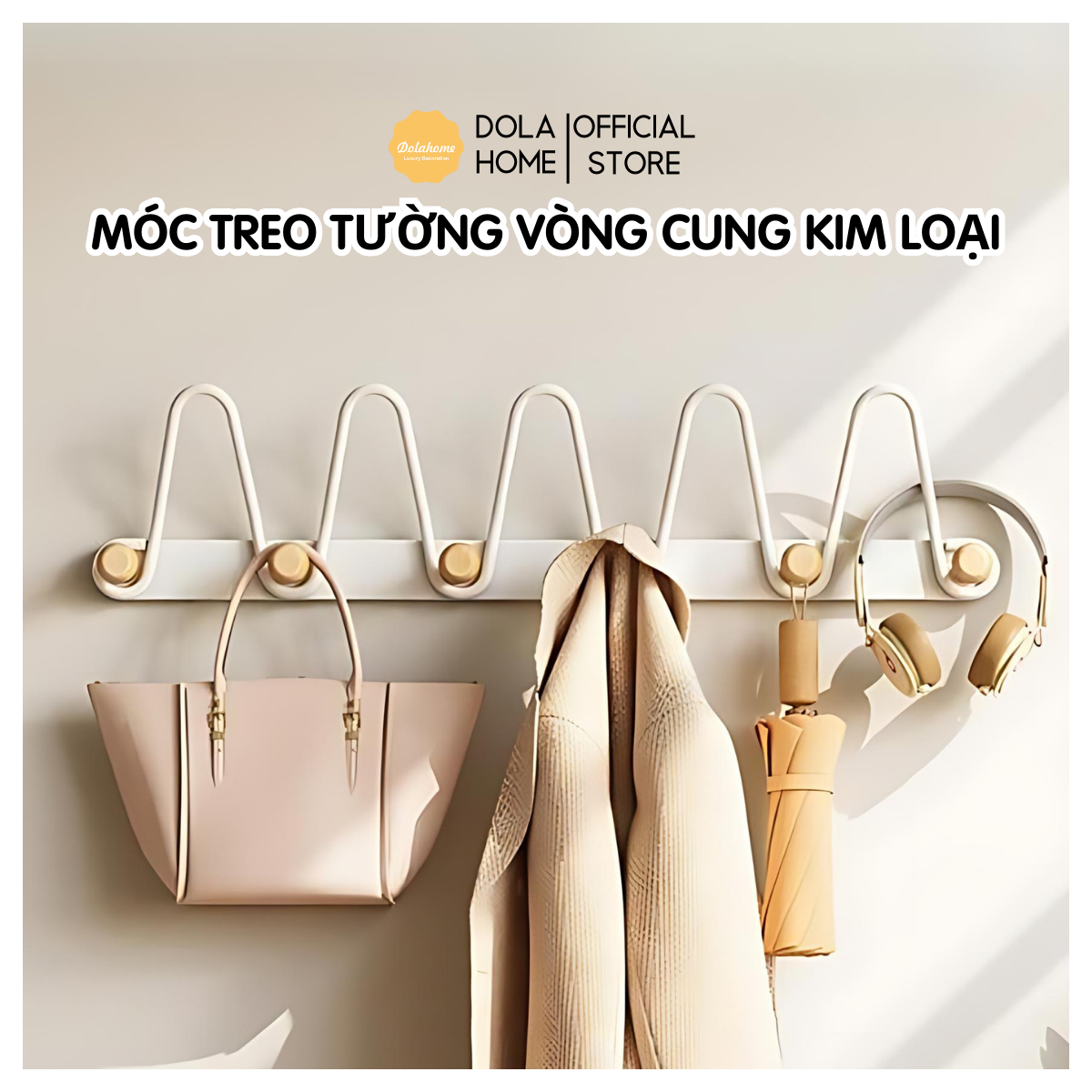 Móc treo tường vòng cung kim loại nút gỗ tròn Dola Home, dán tường, dán kính, dán cửa gỗ, cửa nhôm, không cần khoan đục