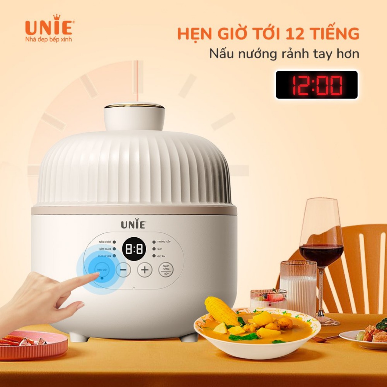 Nồi Nấu Chậm Unie USC08W, Thố Gốm 0.8Lit, 6 Chức Năng, Hẹn GIờ Nấu 12 Tiếng, Hàng Chính Hãng