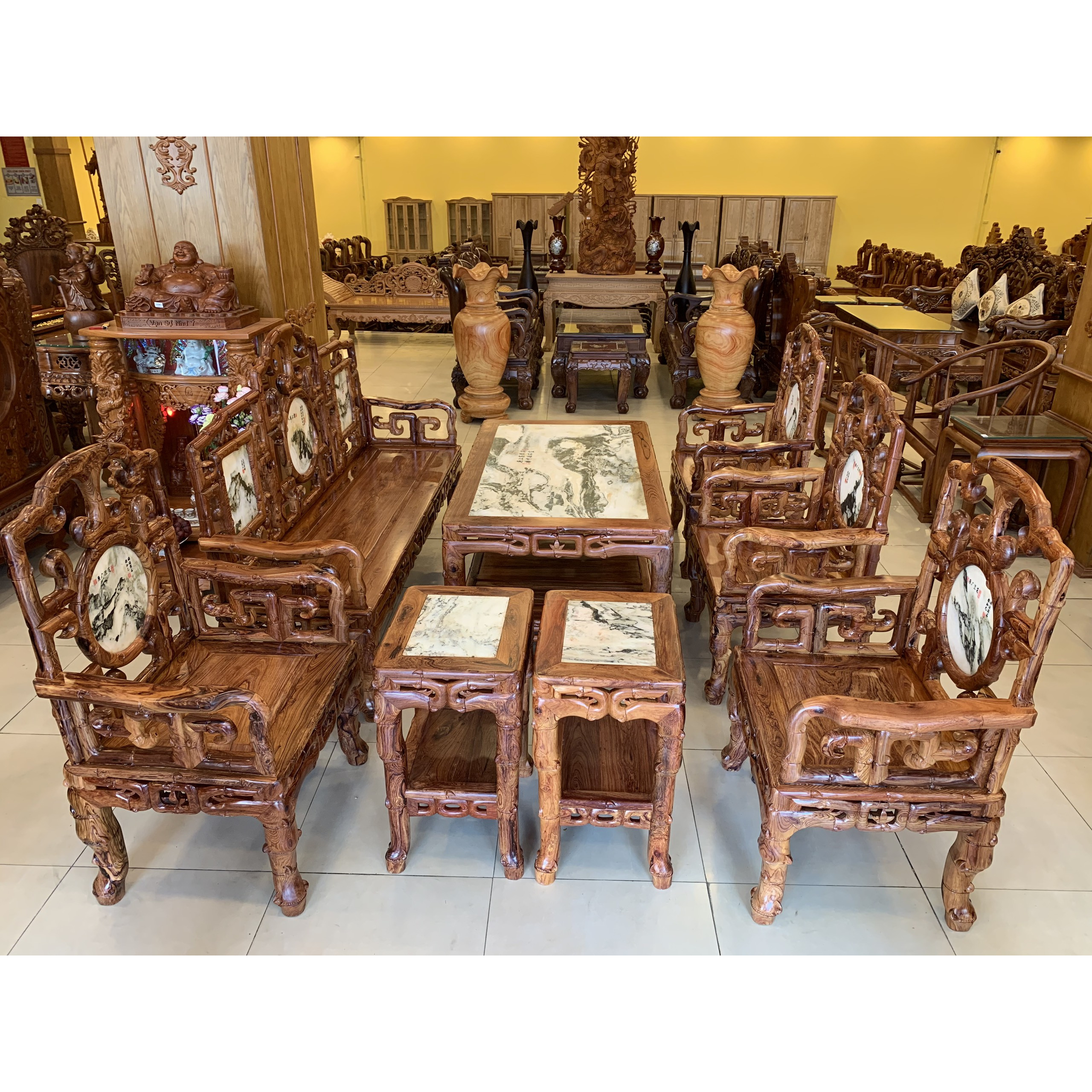 Bộ bàn ghế móc đá triện trúc gỗ cẩm lai xịn 8 món