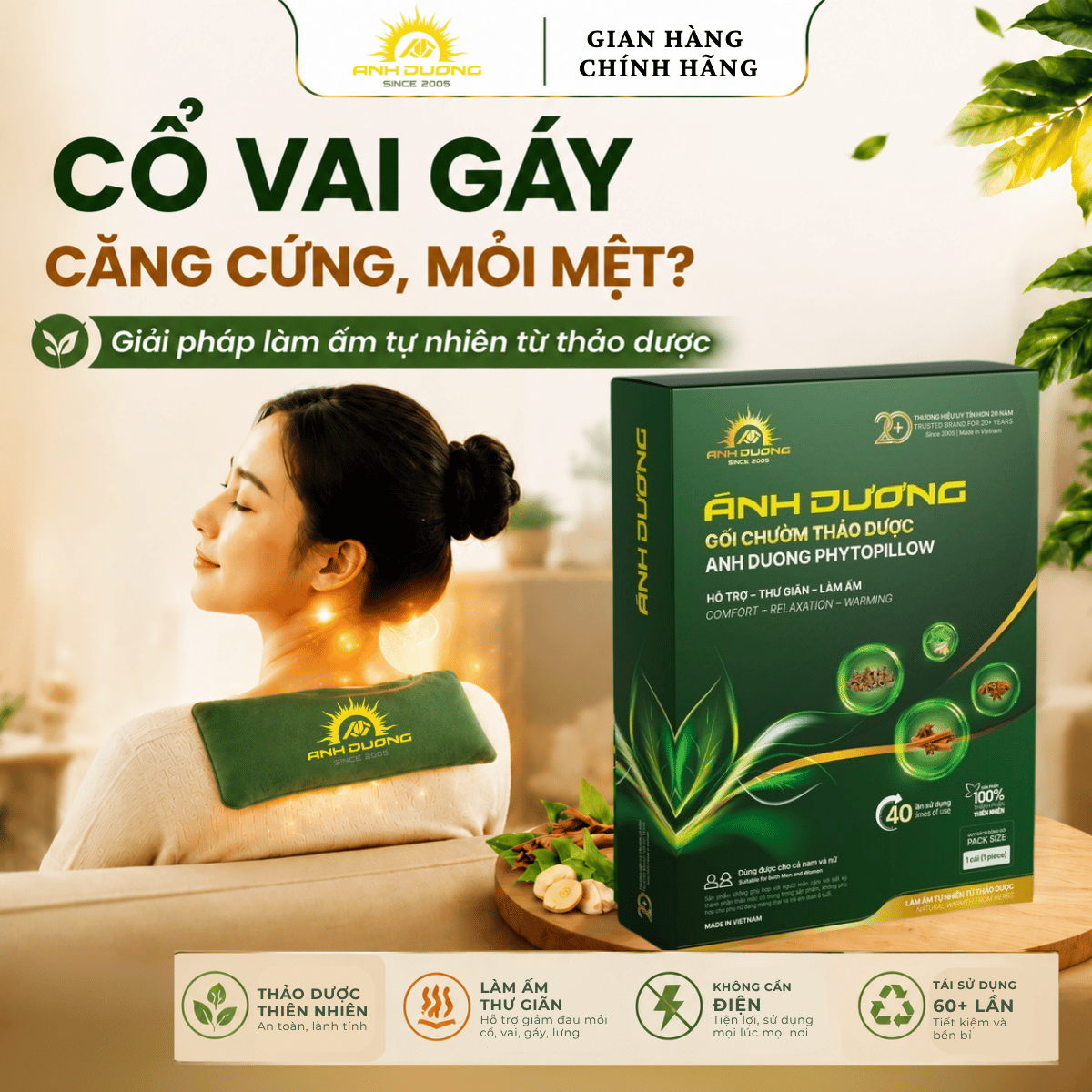 GỐI CHƯỜM HỖ TRỢ LÀM ẤM VÀ THƯ GIÃN CỔ VAI GÁY, LƯNG, CỘT SỐNG THẢO DƯỢC ÁNH DƯƠNG