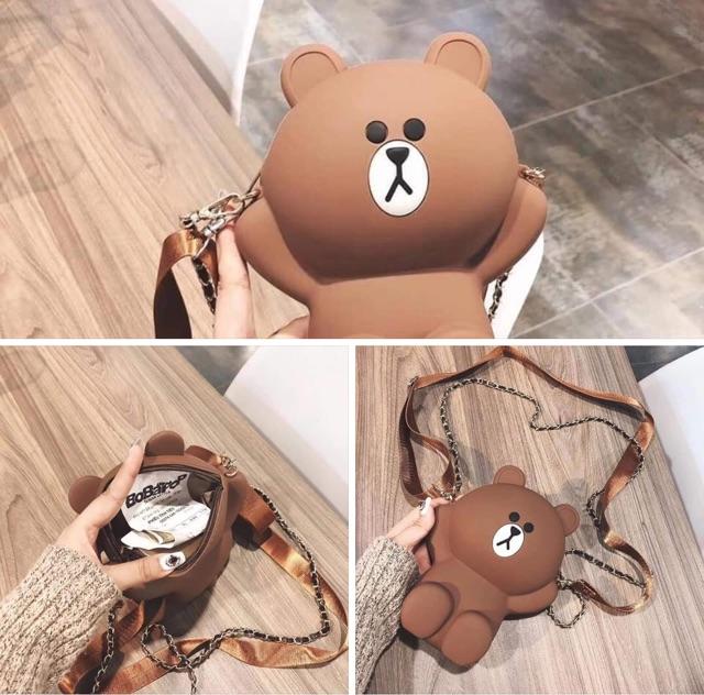 Túi đeo chéo thời trang nữ, túi hình gấu Brown silicon 2 dây siêu dễ thương